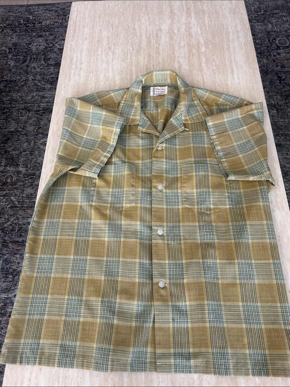 Towncraft Yellow and Green Plaid Short-Sleeve Button-Up Shirt
